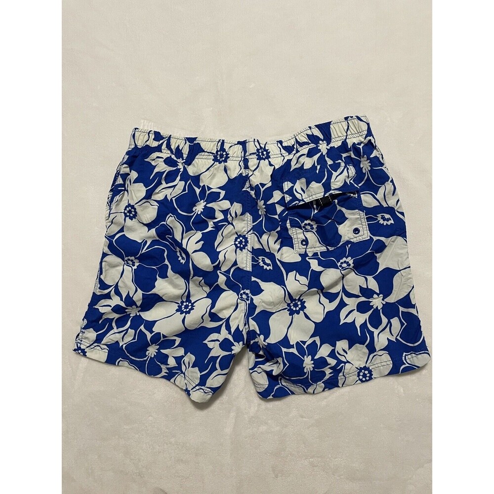 Lands End Swim Trunk Shorts Mens Large 36 38 Blue White Floral Pull On Lined